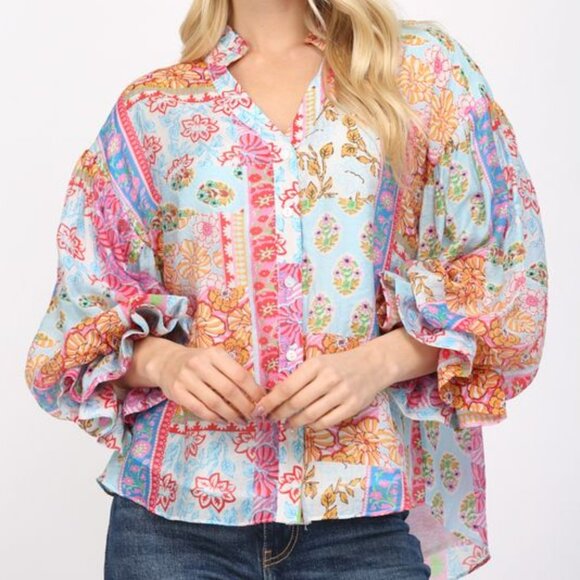 Fate Boho Multicolor Patchwork Bubble Sleeve Blouse Top Size Large - Picture 1 of 6
